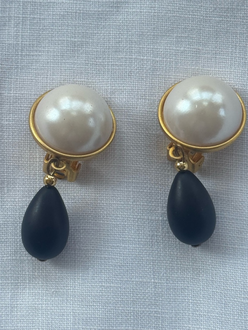 Pearl and Black Teardrop Clip-On Earrings - Gold Accent